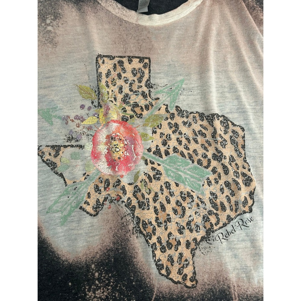 Next Level Rebel Rose Texas Leopard Floral Bleached Graphic T-Shirt Gray L 1357 - Picture 2 of 7